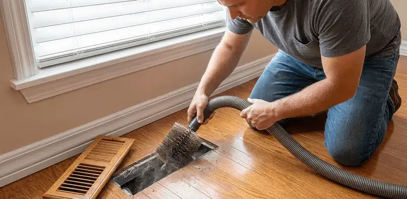 Air duct cleaning technician vacuuming a floor vent and duct opening in Tallahassee, FL