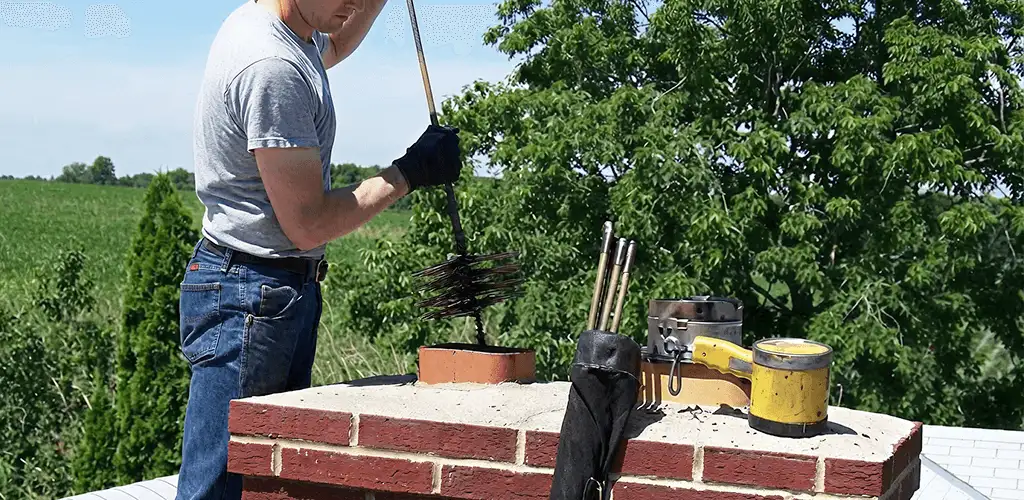 Chimney cleaning technician working on a rooftop chimney with professional tools in Tallahassee, FL