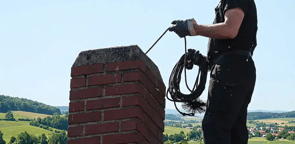 Chimney sweep inspecting and cleaning a rooftop chimney in Tallahassee, FL