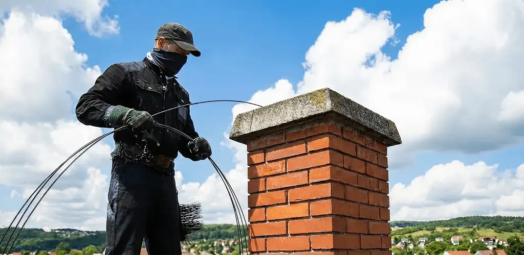 Chimney sweep cleaning a brick chimney with professional tools in Tallahassee, FL