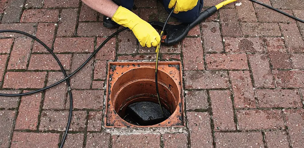Drain cleaning technician using a drain snake to clear a clogged drain in Tallahassee, FL