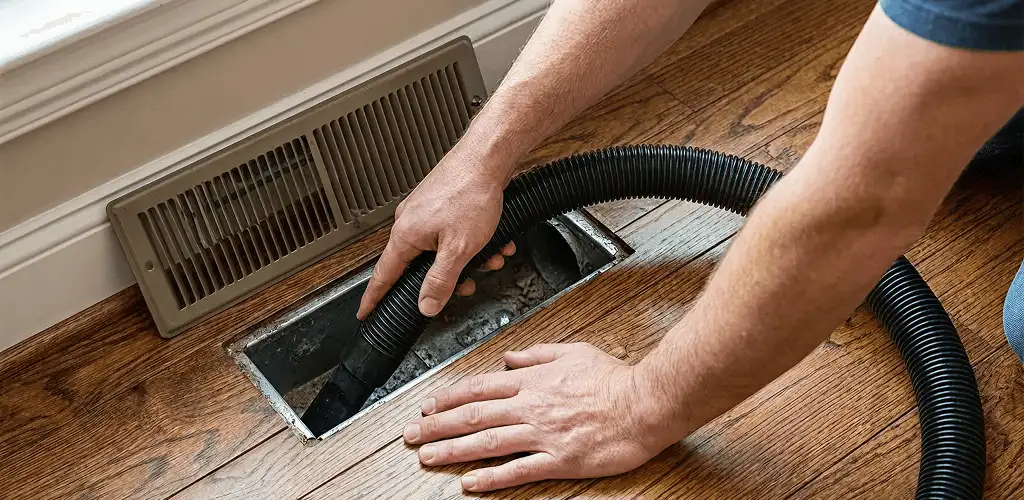 Air duct cleaning technician vacuuming a floor register and duct opening in Tallahassee, FL