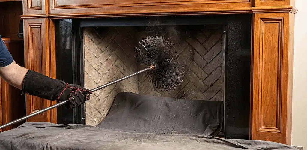 Chimney cleaning service brushing soot from a fireplace and flue in Tallahassee, FL