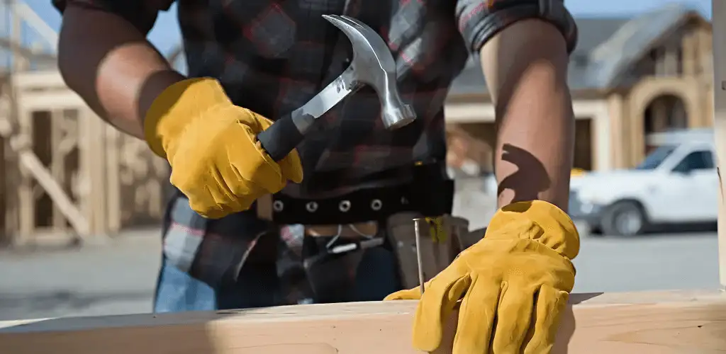 Handyman fixing wood trim with a hammer for home repairs in Tallahassee, FL