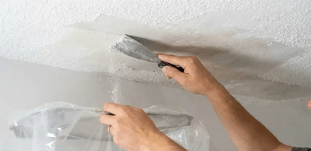 Popcorn ceiling removal technician scraping texture from a ceiling in Tallahassee, FL