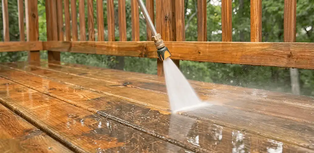 Pressure washing a wood deck to remove dirt and buildup in Tallahassee, FL