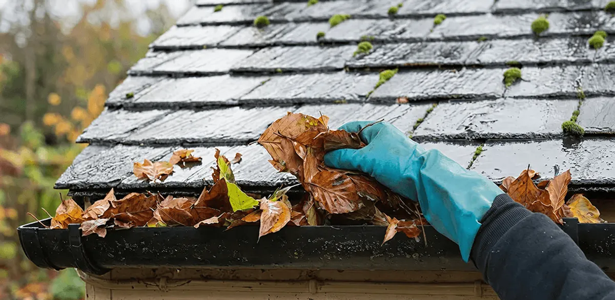 Gutter cleaning technician clearing wet leaves from roof gutters in Tallahassee, FL