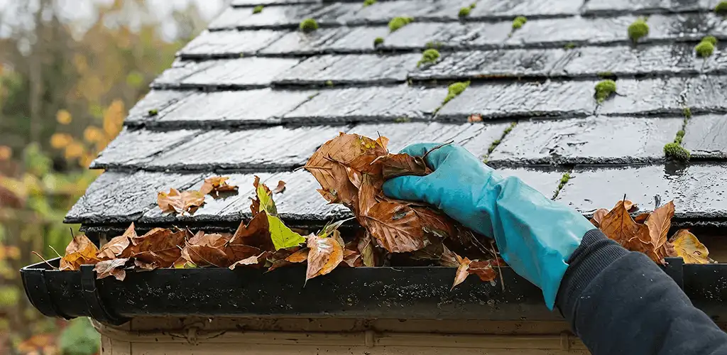 Gutter cleaning technician clearing wet leaves from roof gutters in Tallahassee, FL