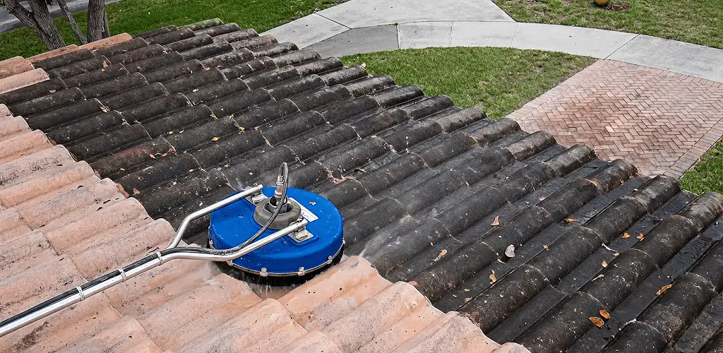 Roof pressure cleaning removing debris and buildup from roof tiles in Tallahassee, FL