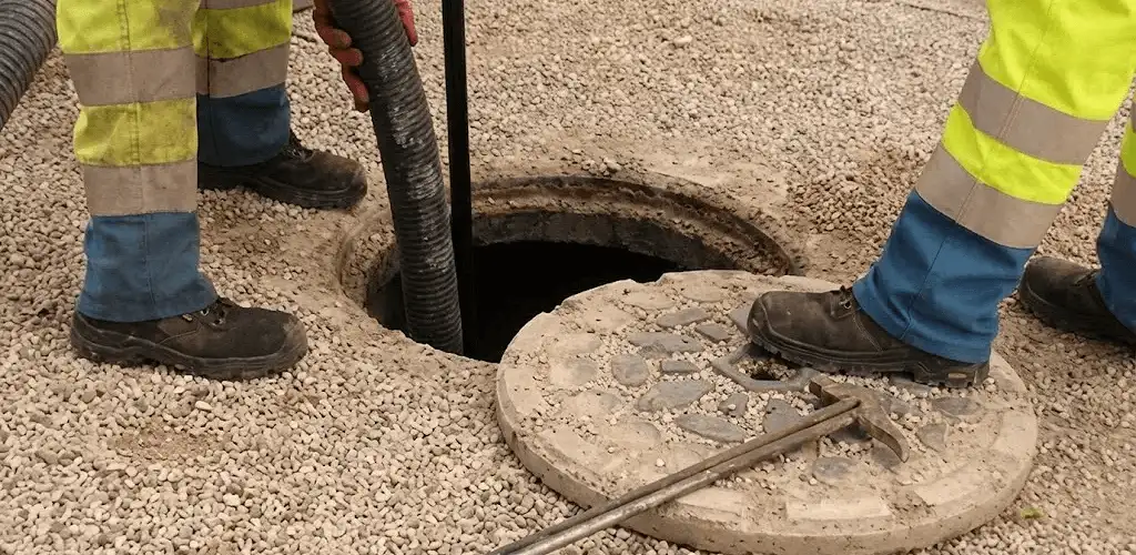 Drain cleaning crew clearing a sewer access point with professional equipment in Tallahassee, FL