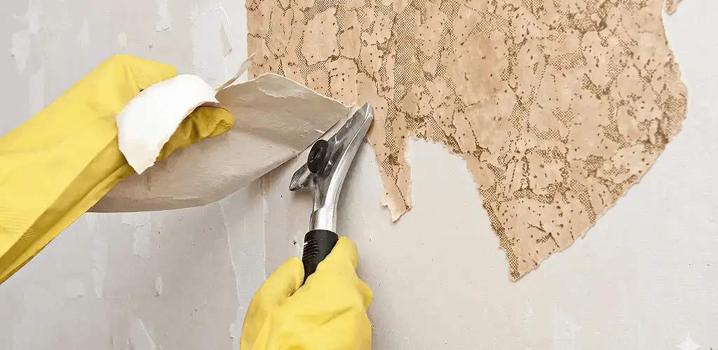 Wallpaper removal service stripping old wallpaper from a wall in Tallahassee, FL