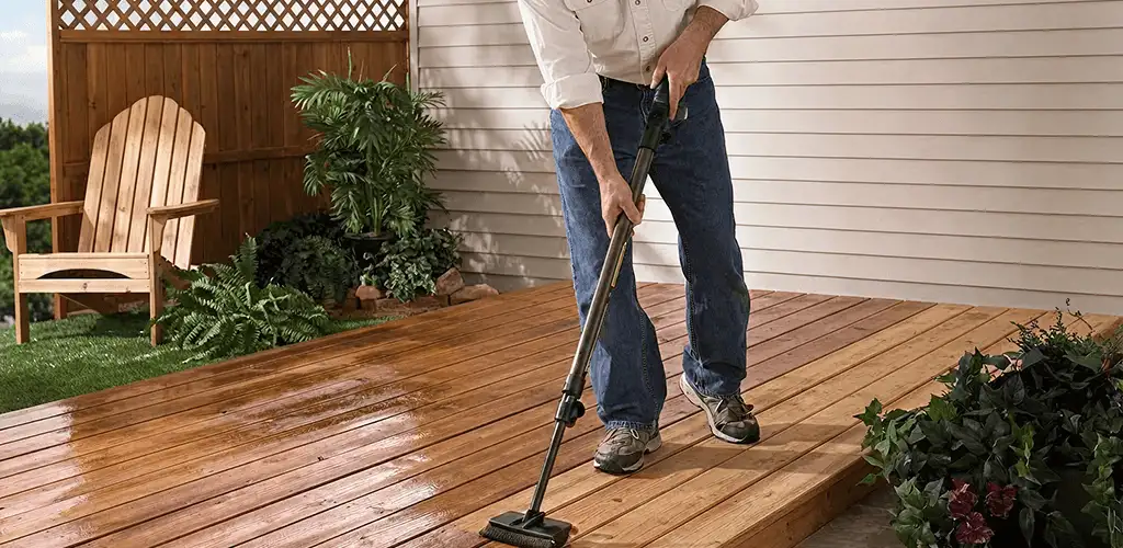 Deck staining service applying stain to a backyard wood deck in Tallahassee, FL